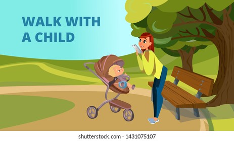 Walk with Child Banner. Cartoon Mother Make Picture of Son with Mobile Phone Vector Illustration. Smartphone Photo of Newborn in Stroller. Little Boy in Pram Perambulator. Nature Park Tree Bench