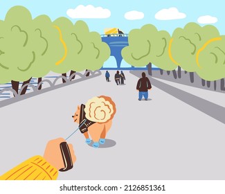 A walk in the city park with a dog on a leash. Vector illustration