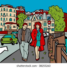 Walk in city The pretty couple are walking and talking in the unrecognizable European city. Colored vector illustration.