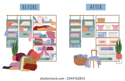 Walk in closet before and after ordering flat composition with scattered things and neatly arranged on shelves vector illustration