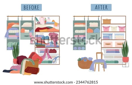 Walk in closet before and after ordering flat composition with scattered things and neatly arranged on shelves vector illustration