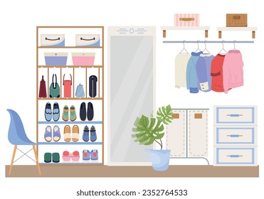 Walk in closet interior with hanging clothes shoes placed on shelves chair and home flower in pot flat vector illustration