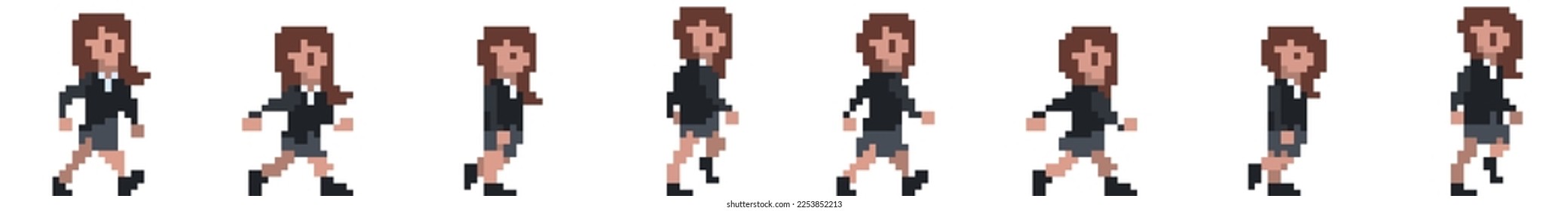 Walk Cycle animation frames. Female businessperson character, business woman, employee. 8 bit pixel art sprite sheet. Vector illustration isolated on white background.