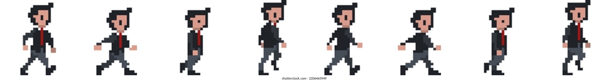 Walk Cycle animation frames. Male businessperson character. 8 bit pixel art sprite sheet. Vector illustration isolated on white background.