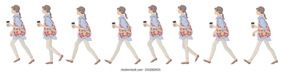 Walk cycle illustration of a young woman with a drink cup