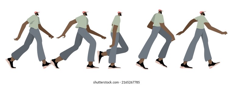 Walk cycle sequence animation. Man in motion, going, stepping side view. Male gait phases, positions. Casual person profile moving. Flat vector illustrations isolated on white background