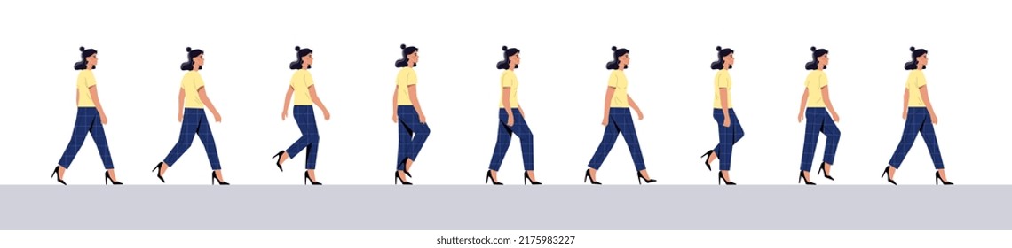 Concepto de secuencia de ciclo de marcha. Joven con ropa elegante camina hacia adelante. Vista lateral. Posición de las partes de la carrocería durante el movimiento. Diseño para crear animación. Ilustración vectorial plana moderna de dibujos animados