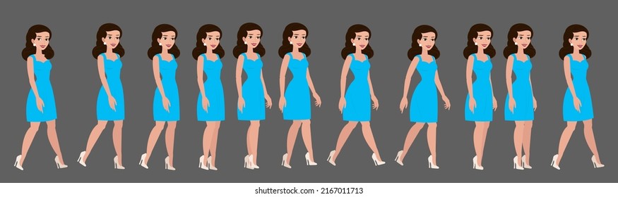 Walk Cycle Of A Young Girl. Beautiful Girl In A Dress And High Heels. 2d Character For Animation.
