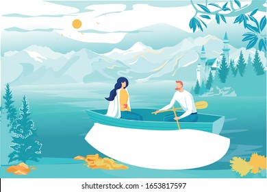 Walk Date, Rowing Boat Ride in Beautiful Lake. Beautiful Couple is Sitting in Boat. Guy Drives and Holds Oars. Girl Froze and Put on Plaid over Shoulders. In Background Mountains and Beautiful Castle.