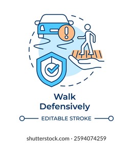 Walk defensively multi color concept icon. Crossing road carefully. Pedestrian safety rule. Traffic management. Round shape line illustration. Abstract idea. Graphic design. Easy to use in booklet