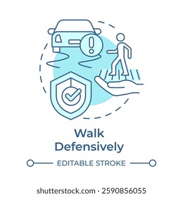 Walk defensively soft blue concept icon. Crossing road carefully. Pedestrian safety rule. Traffic management. Round shape line illustration. Abstract idea. Graphic design. Easy to use in booklet