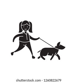 Walk the dog black vector concept icon. Walk the dog flat illustration, sign