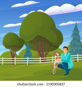 Walk with dog in city park. Cartoon happy owner man walking with domestic animal companion, pet dog friend, playing and training cute own puppy in green summer countryside landscape background