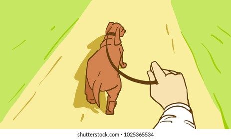 Walk With A Dog On A Leash, Subjective View. Hand Holding A Leash With A Dog. Cartoon Vector Sketch In Pastel Colors.
