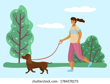Walk with dog in the park. Girl is going with a doggy in garden sunny day. A happy pet dachshund running with the owner against the backdrop of a summer landscape with a green plant and a blue sky