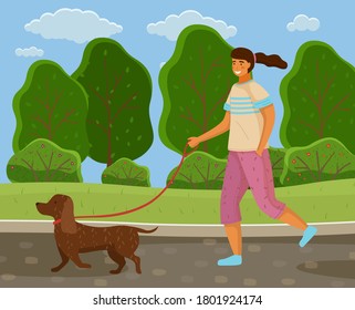 Walk with dog in the park. Girl is going with a doggy in garden sunny day. A happy pet dachshund running with the owner against the backdrop of a summer landscape with a green plant and a blue sky