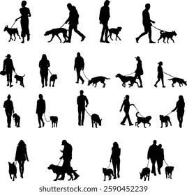 Walk with dog silhouettes, animal trainer