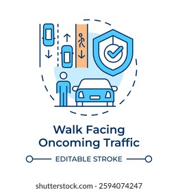 Walk facing oncoming traffic multi color concept icon. Prevention of road accidents. Pedestrian safety. Round shape line illustration. Abstract idea. Graphic design. Easy to use in brochure