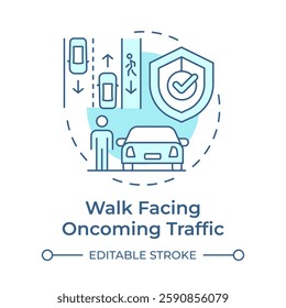 Walk facing oncoming traffic soft blue concept icon. Prevention of road accidents. Pedestrian safety. Round shape line illustration. Abstract idea. Graphic design. Easy to use in brochure