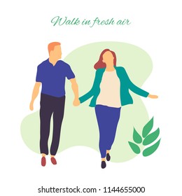 Walk in fresh air. Vector stylized illustration of active young family. Healthy lifestyle.People in the park vector flat illustration. 