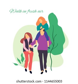 Walk in fresh air. Vector stylized illustration of active young family. Healthy lifestyle.People in the park vector flat illustration. 