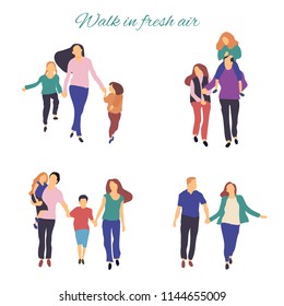 Walk in fresh air. Vector stylized illustration of active young family. Healthy lifestyle.People in the park vector flat illustration. 