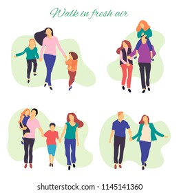 Walk in fresh air. Vector stylized illustration of active young family. Healthy lifestyle.People in the park vector flat illustration. 