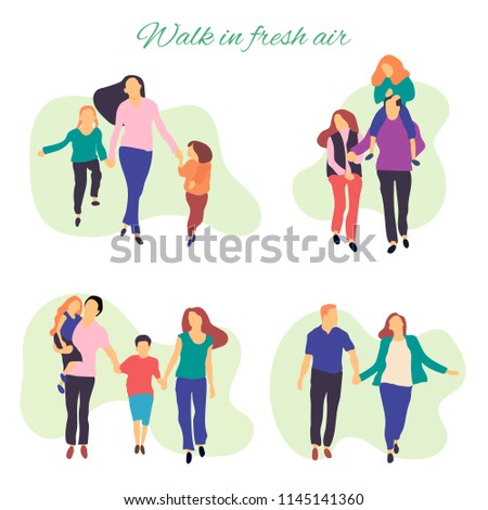 Walk in fresh air. Vector stylized illustration of active young family. Healthy lifestyle.People in the park vector flat illustration. 