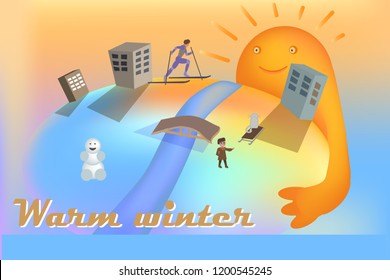 Walk in the fresh air in winter. Warm winter. Banner. City street. Sunny weather. Sun warms the earth.

