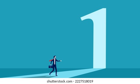 Walk in front of an open door in the shape of a number one. business vector illustration