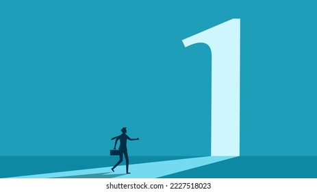 Walk in front of an open door in the shape of a number one. business vector illustration