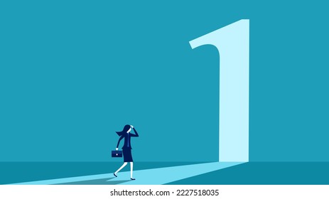 Walk in front of an open door in the shape of a number one. business vector illustration