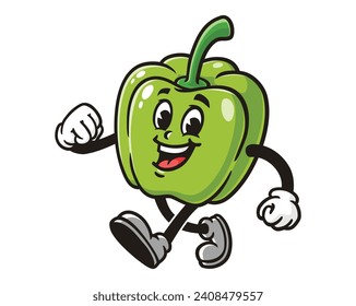 walk green Paprika bell pepper cartoon mascot illustration character vector clip art hand drawn