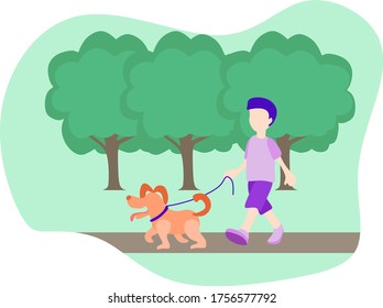 Camina con un perro feliz en el parque. Ilustración plana vectorial.