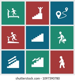 Walk icon. collection of 9 walk filled icons such as treadmill, distance, man with case, stairs. editable walk icons for web and mobile.