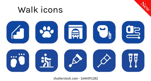 walk icon set. 10 filled walk icons.  Simple modern icons such as: Stairs, Pawprints, Tunnel, Leash dog, Extending leads, Feet, Hiking, Crutch, Crutches