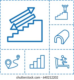 Walk icon. set of 6 walk outline icons such as tunnel, treadmill, distance, stair, man on stairs