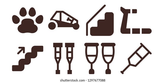  walk icon set. 8 filled walk icons. Simple modern icons about  - Stairs, Pawprints, Crutches, Buggy, Crutch, Treadmill