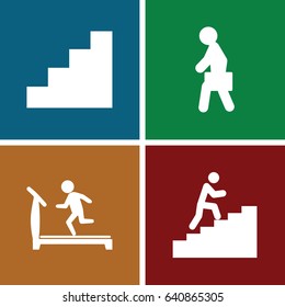 Walk icons set. set of 4 walk filled icons such as treadmill, man with case, stair