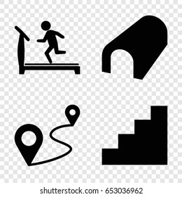 Walk icons set. set of 4 walk filled icons such as tunnel, treadmill, distance