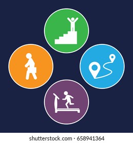 Walk icons set. set of 4 walk filled icons such as treadmill, distance, man with case