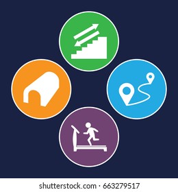 Walk icons set. set of 4 walk filled icons such as tunnel, treadmill, distance