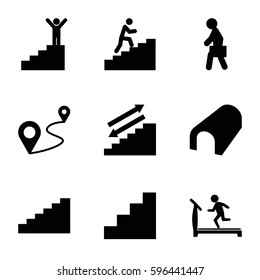 walk icons set. Set of 9 walk filled icons such as tunnel, treadmill, distance, man with case, stair, man climbing stairs, stairs
