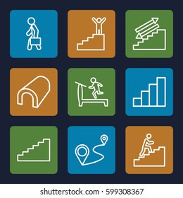 walk icons set. Set of 9 walk outline icons such as tunnel, treadmill, distance, man with case, stair, man climbing stairs, stairs
