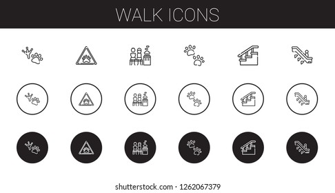 walk icons set. Collection of walk with footprint, paw, men only, pawprints, stairs, escalator. Editable and scalable walk icons.