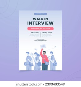 Walk in interview job recruitment, illustration of job seekers queuing on poster design