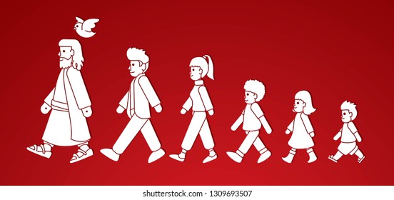 Walk with Jesus, Follow Jesus cartoon graphic vector.