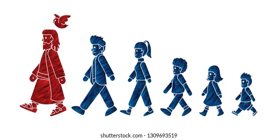 Walk with Jesus, Follow Jesus cartoon graphic vector.