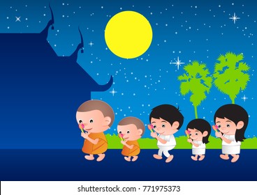 walk with lighted candles in hand around a temple,tradition of Buddhist to pay respect and belief to religion,Big bubble head cartoon,vector illustration
