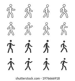 Walk line and glyph icon set. Simple outline and solid style collection. Pedestrian, man, pictogram, human, side, walkway concept symbol. Vector illustration isolated on white background. EPS 10.